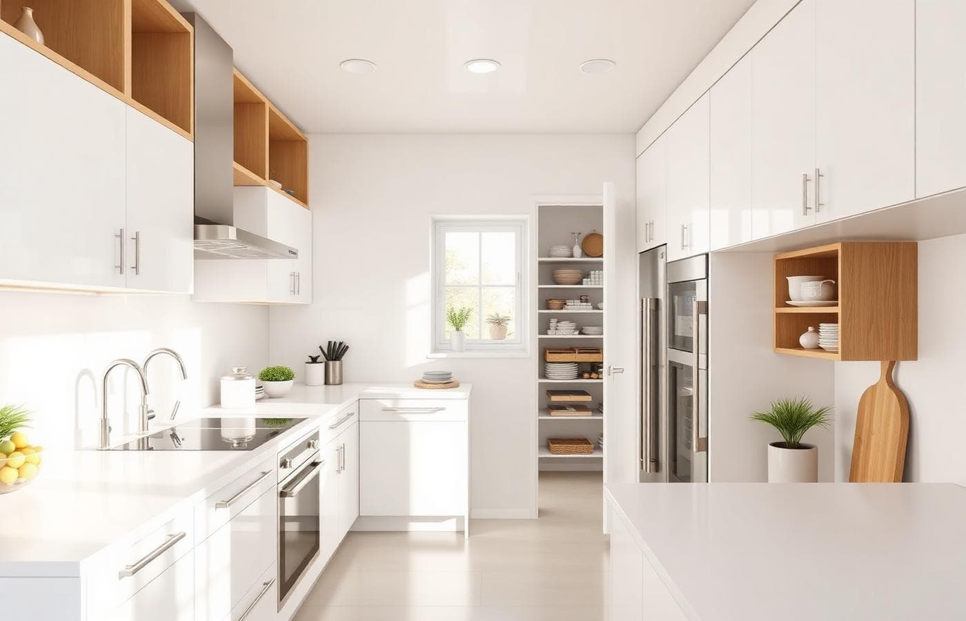 Clean modern kitchen with tidy counters and pantry storage