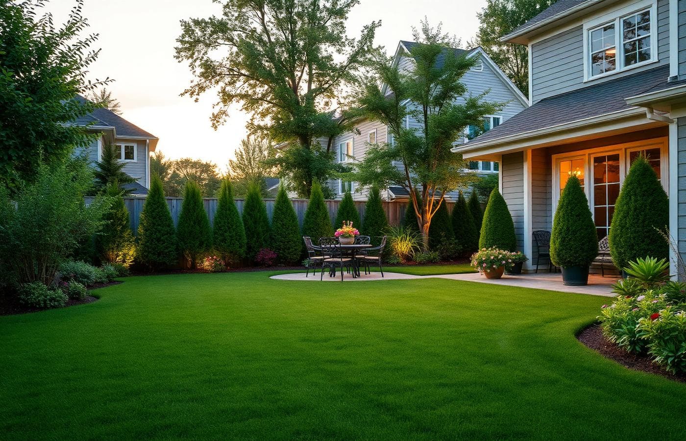 Residential backyard with green lawn and patio seating