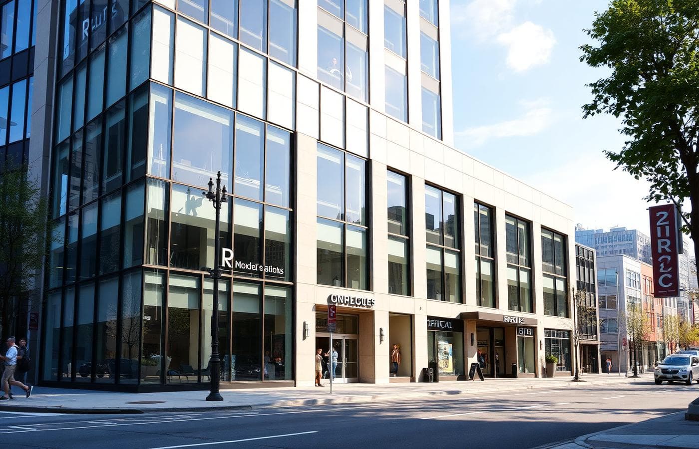 Modern commercial building with offices and retail space
