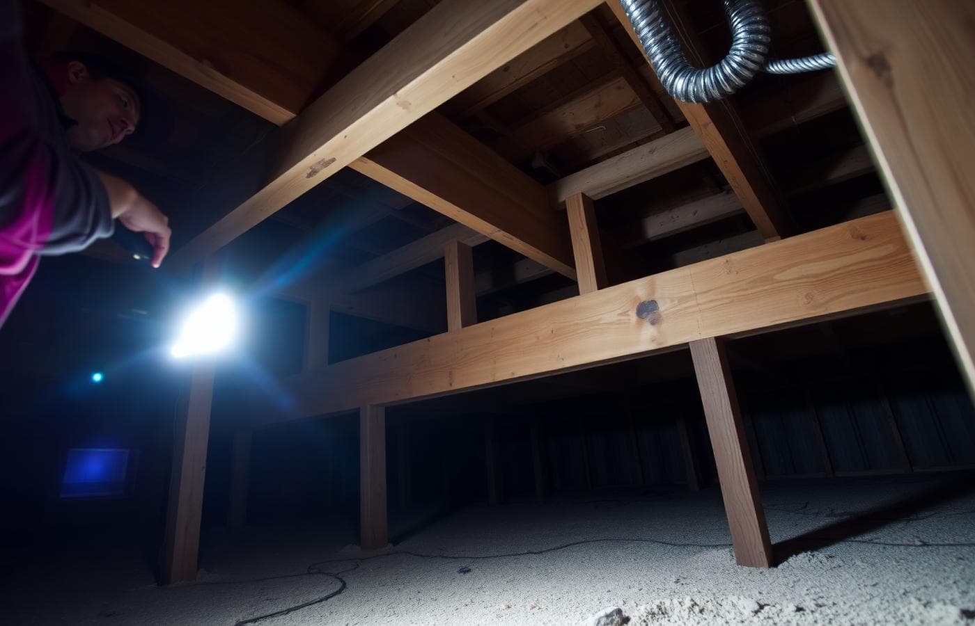 Wooden structural beams being inspected with a flashlight